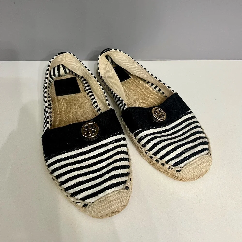 Tory Burch Beacher Black & White Stripped Slip on Espadrilles- 8